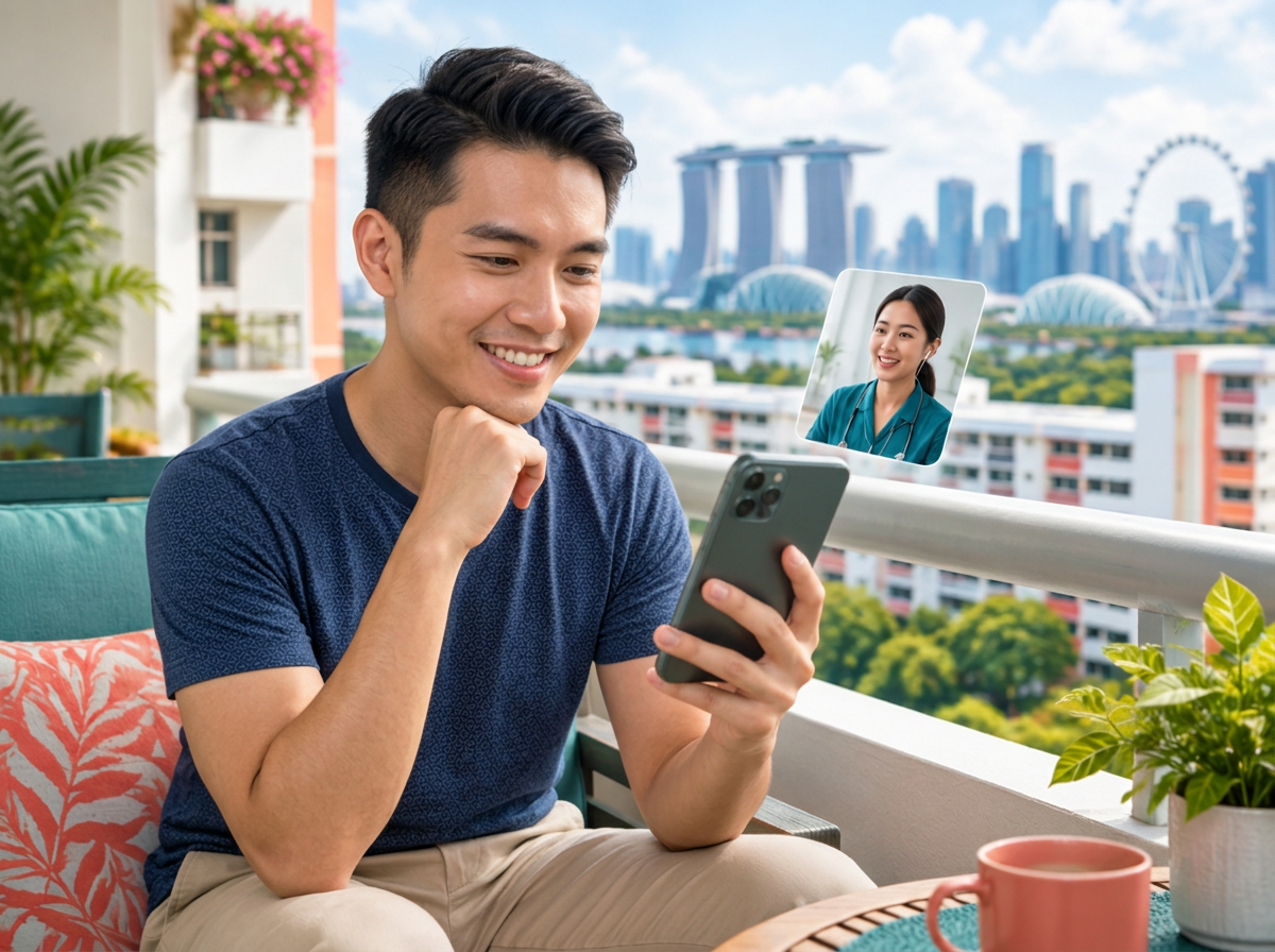 Man in Singapore chatting with the askNivi health assistant on his phone, with the city skyline behind him